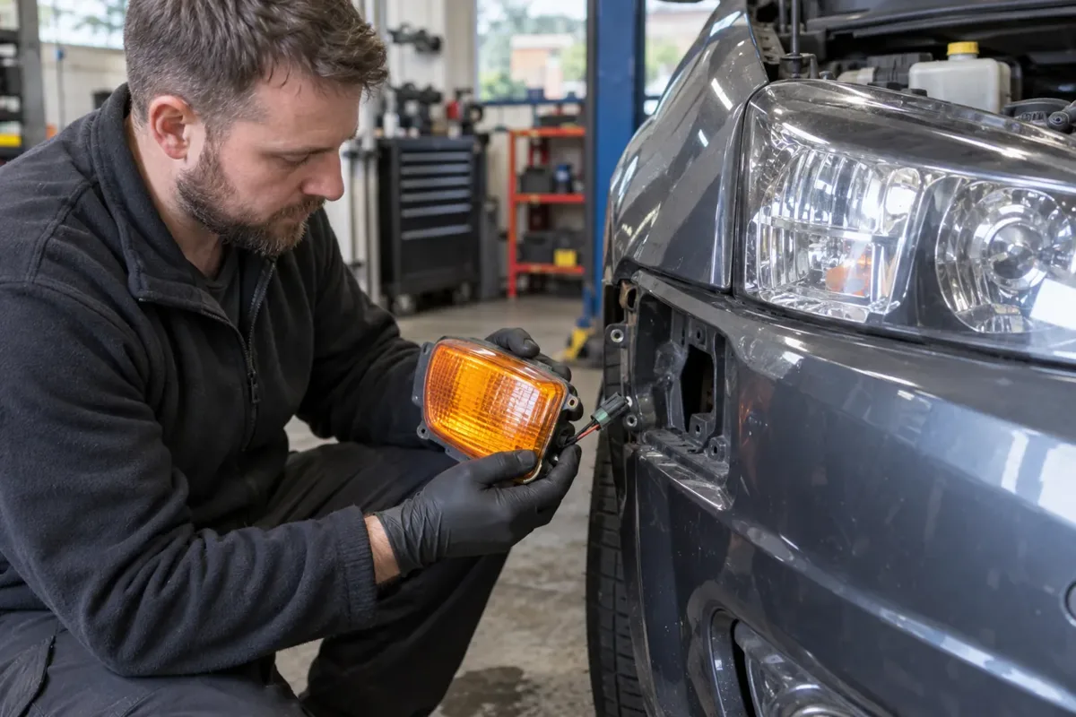 Technician inspecting an amber indicator lamp and connector.