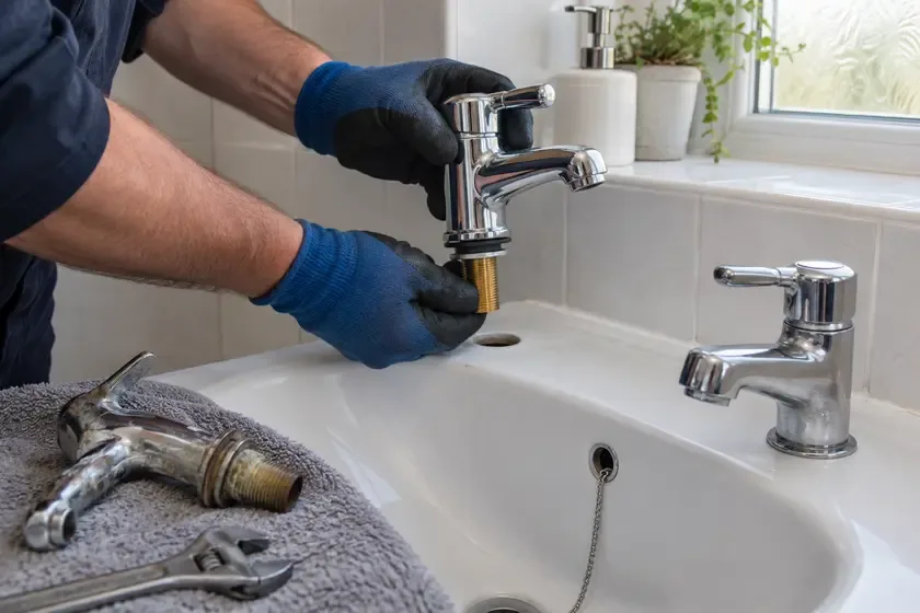 Plumber lowering a replacement pillar tap into a basin mounting hole.