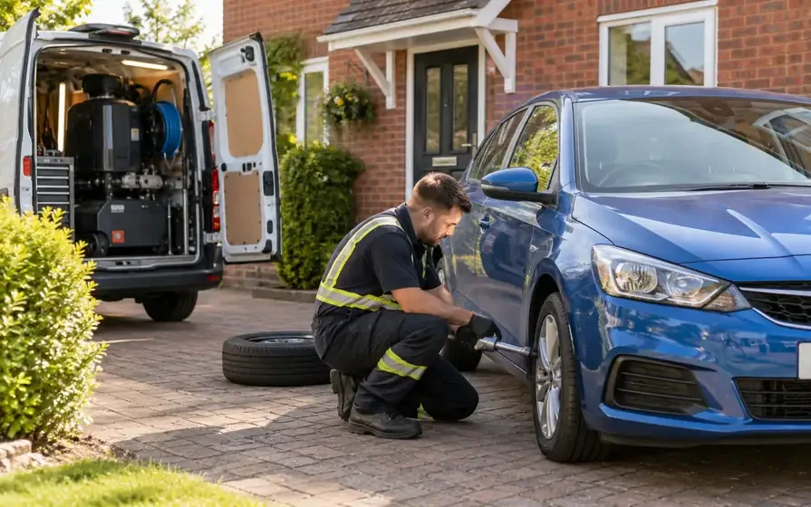 Technician working beside a blue car on a brick-paved home driveway
