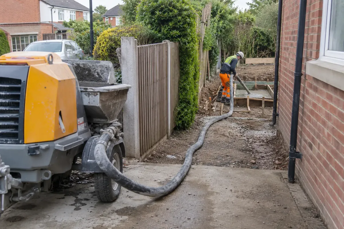 Ground-level concrete line-pumping at a UK house extension: a thick hose snakes through a narrow side passage from a compact towable line pump visible near the front, and a PPE-clad operator guides the hose outlet into a small prepared timber-formwork foundation trench at the rear. Fresh concrete visible, no overhead boom.