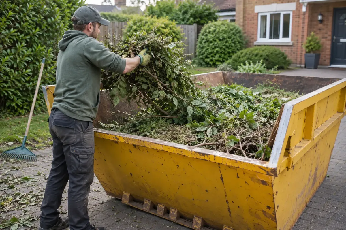 Worker placing green hedge clippings and branches into a skip containing garden waste.