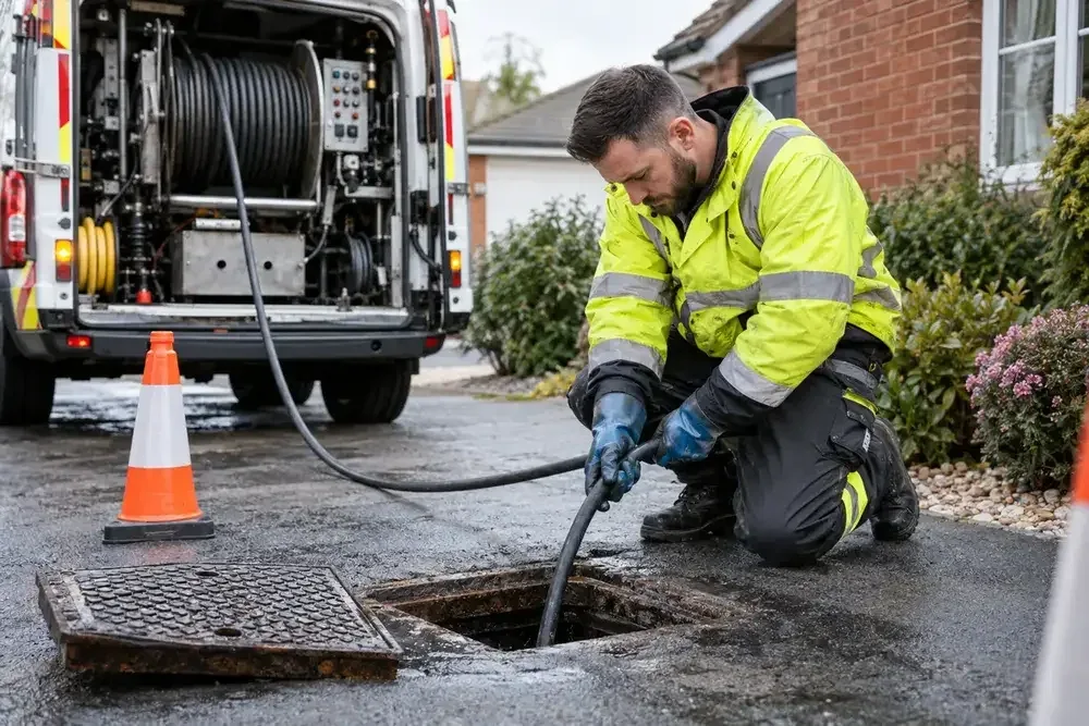Worker feeding a hose into an open roadside drain beside a jetting van